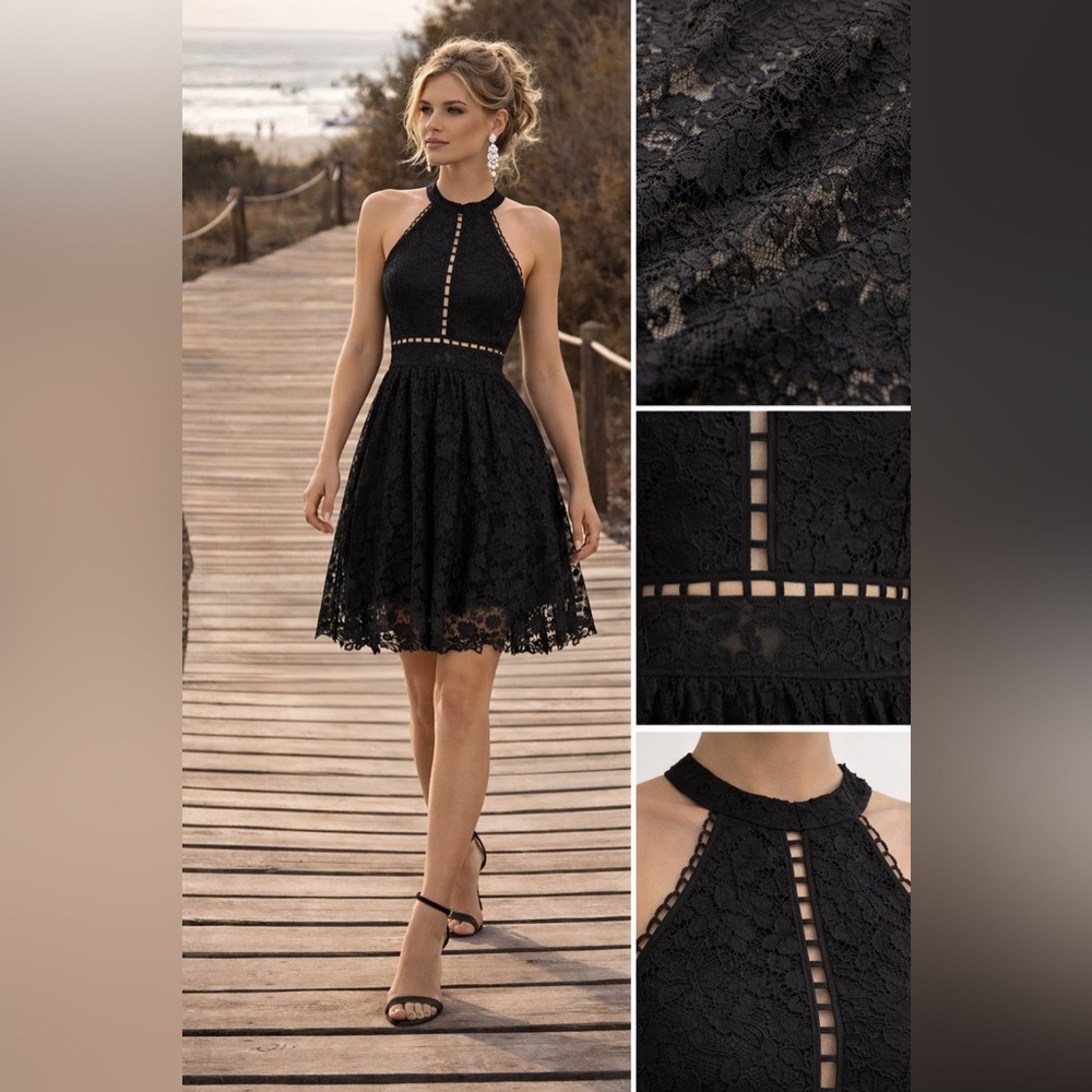 Max & Ash Black Lace Halter Cocktail Dress A-Line Party Dress Size Small NWT